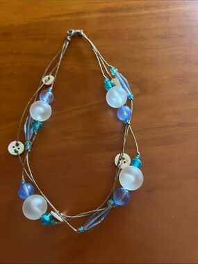 Beaded Multi-Strand Necklace in Aqua and White - Unbranded